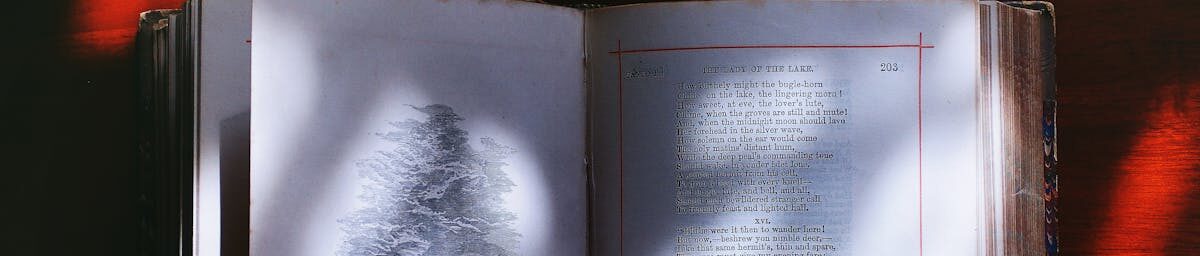 An open vintage book displaying illustrated poetry pages, creating an artistic literary ambiance.